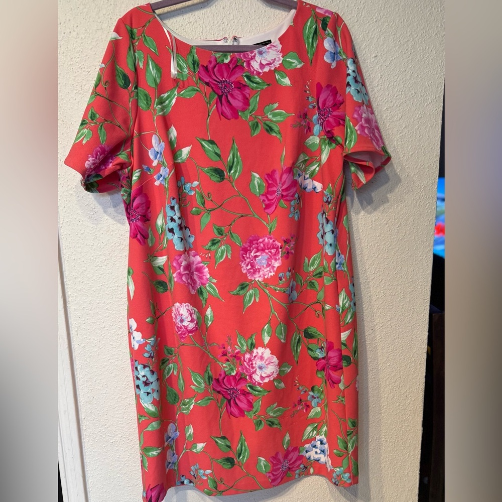 Jessica Howard Red and Pink A-line Puff Sleeve Dress